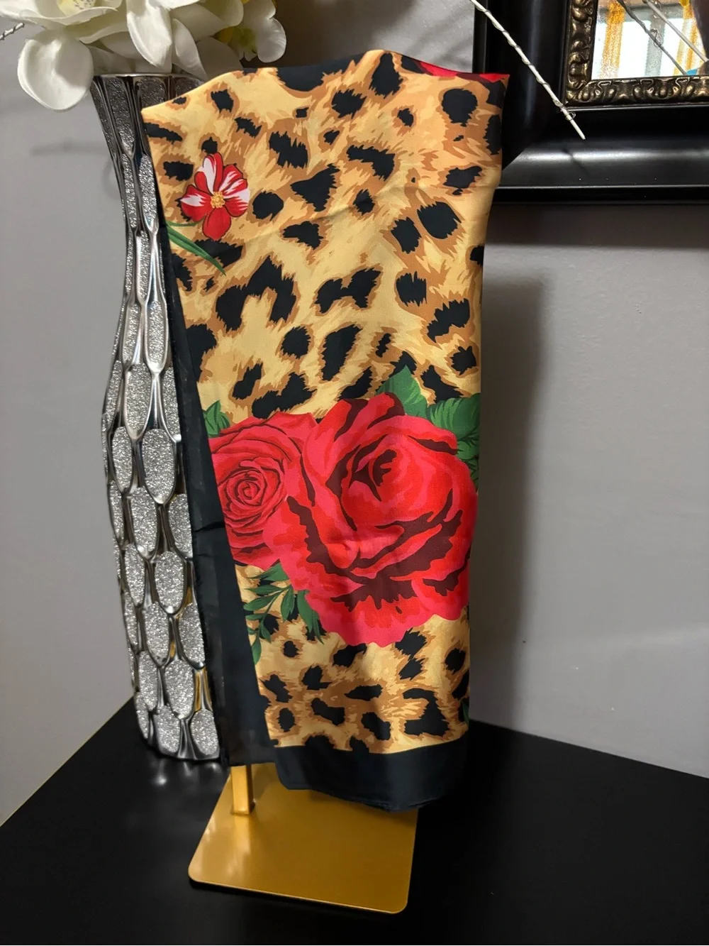Floral Rose & Leopard Print Satin Scarf - Red, Gold, Black